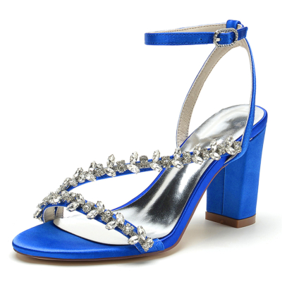 Royal Blue Rhinestone Ankle Strap Open Then Chunky Heel Evening Sandals