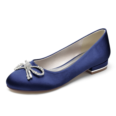 Navy Rhinestone Bow Round Toe Satin Ballet Flat Shoes for Wide Feet