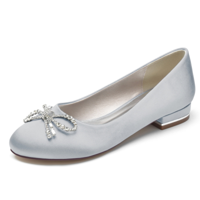 Silver Rhinestone Bow Round Toe Satin Ballet Flat Shoes