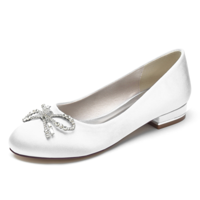 White Rhinestone Bow Round Toe Satin Ballet Flat Shoes