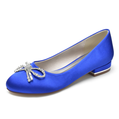 Royal Blue Rhinestone Bow Round Toe Satin Ballet Flat Shoes