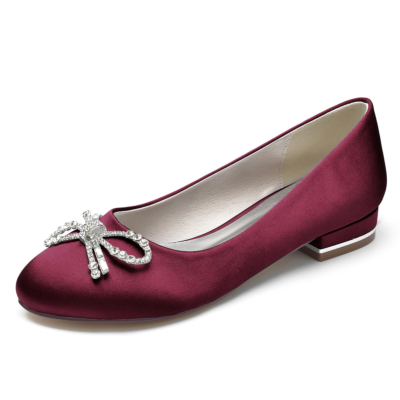 Burgundy Rhinestone Bow Round Toe Satin Ballet Flat Shoes
