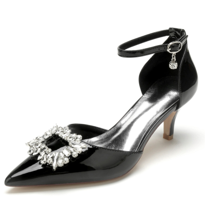 Black Rhinestone Buckle Ankle Strap D'orsay Kitten Heels Comfy Work Dress Shoes