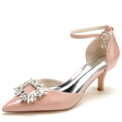 Pink Rhinestone Buckle Ankle Strap D'orsay Kitten Heels Comfy Work Dress Shoes