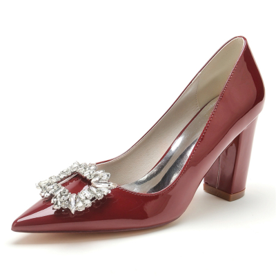 Burgundy Rhinestone Buckle Closed Toe Party Dance Pumps Shoes with Block Heels