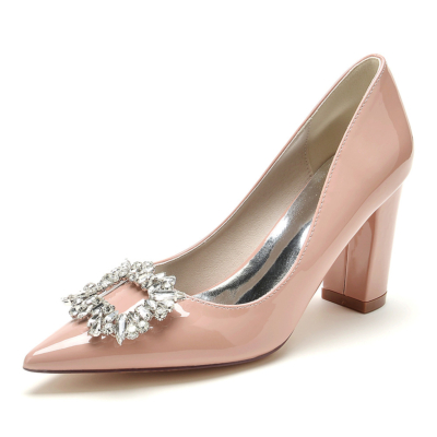 Pink Rhinestone Buckle Closed Toe Party Dance Pumps Shoes with Block Heels