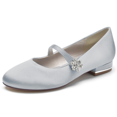 Silver Rhinestone Buckle Satin Mary Jane Flat Wedding Shoes