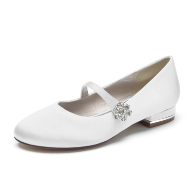 White Rhinestone Buckle Satin Mary Jane Flat Wedding Shoes