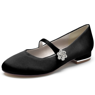 Black Rhinestone Buckle Satin Mary Jane Flat Wedding Shoes