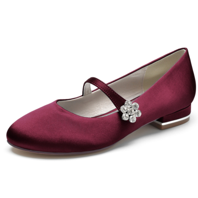 Burgundy Rhinestone Buckle Satin Mary Jane Flat Wedding Shoes