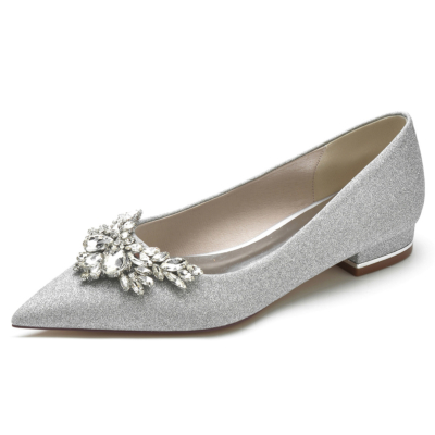 Silver Rhinestone Butterfly Pointed Toe Flat Wedding Shoes