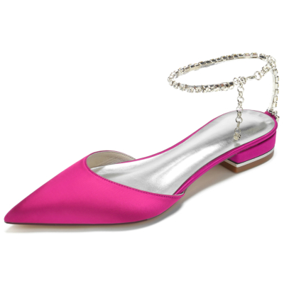 Magenta Rhinestone Chain Ankle Strap Pointed Toe Flat Sandals