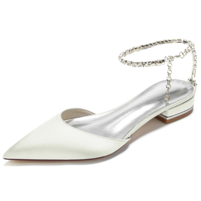 Ivory Rhinestone Chain Ankle Strap Pointed Toe Flat Sandals