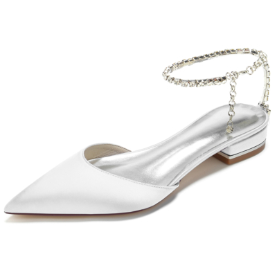 White Rhinestone Chain Ankle Strap Pointed Toe Flat Sandals