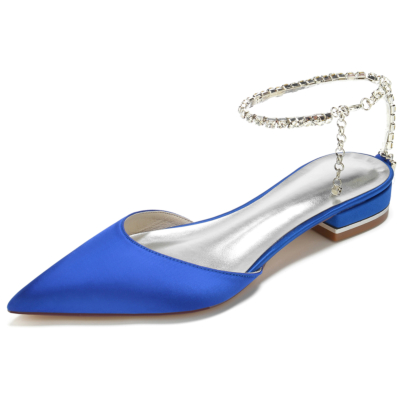 Royal Blue Rhinestone Chain Ankle Strap Pointed Toe Flat Sandals