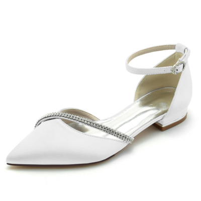 White Rhinestone Cross Strap Glitter Flats Pointed Toe Ankle Strap Flat Shoes