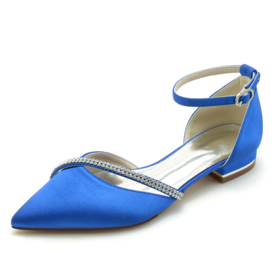 Royal Blue Rhinestone Cross Strap Glitter Flats Pointed Toe Ankle Strap Flat Shoes