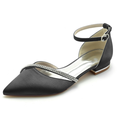 Black Rhinestone Cross Strap Glitter Flats Pointed Toe Ankle Strap Flat Shoes