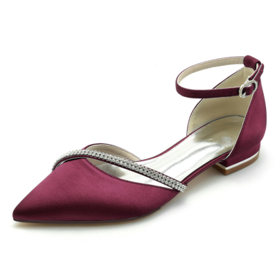 Burgundy Rhinestone Cross Strap Glitter Flats Pointed Toe Ankle Strap Flat Shoes