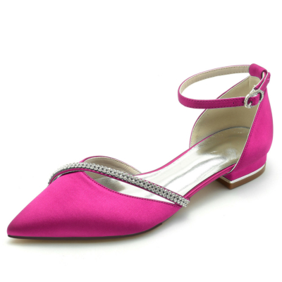 Magenta Rhinestone Cross Strap Glitter Flats Pointed Toe Ankle Strap Flat Shoes