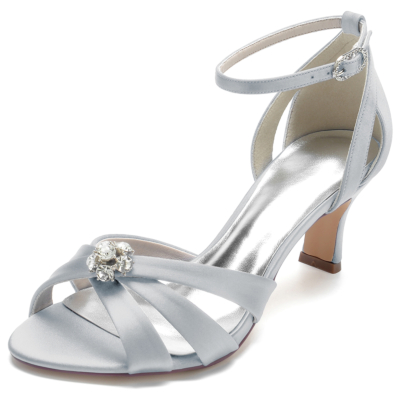 Silver Rhinestone Cut out Spool Heel Ankle Strap Sandal Wedding Shoes