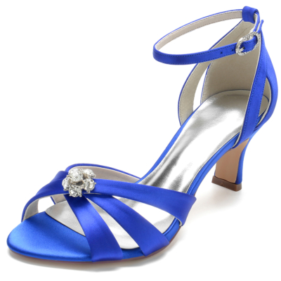 Royal Blue Rhinestone Cut out Spool Heel Ankle Strap Sandal Wedding Shoes