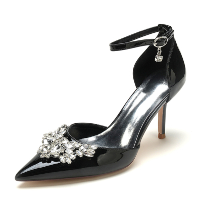 Black Rhinestone Embellished Ankle Strap D'orsay Dresses Shoes Heels for Dance