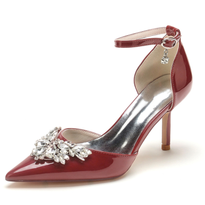 Burgundy Rhinestone Embellished Ankle Strap D'orsay Dresses Shoes Heels for Dance