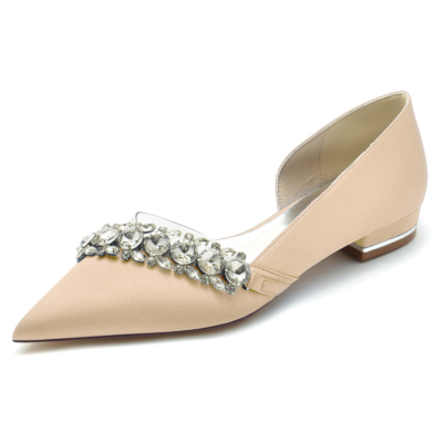 Champagne Rhinestone Embellished Clear Satin D'orsay Flats Shoes For Wedding