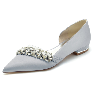 Silver Rhinestone Embellished Clear Satin D'orsay Flats Shoes For Wedding