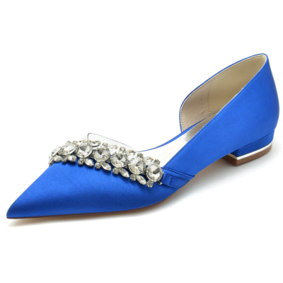 Royal Blue Rhinestone Embellished Clear Satin D'orsay Flats Shoes For Wedding