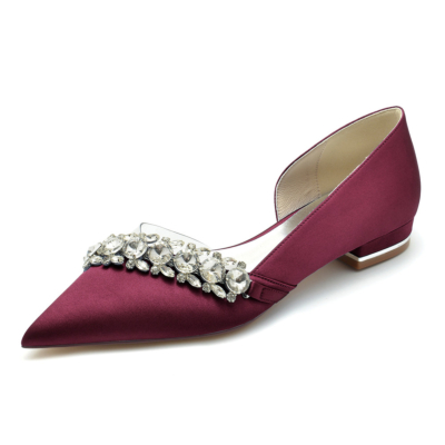 Burgundy Rhinestone Embellished Clear Satin D'orsay Flats Shoes For Wedding