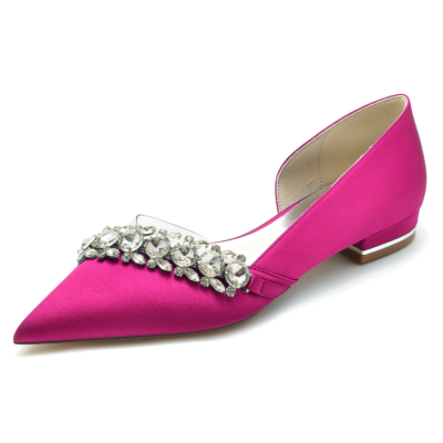 Magenta Rhinestone Embellished Clear Satin D'orsay Flats Shoes For Wedding