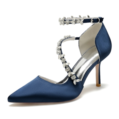Dark Blue Rhinestone Embellished Cross Strap D'orsay Shoes Stiletto Heels For Wedding