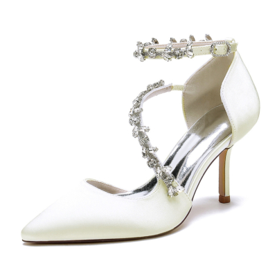 Beige Rhinestone Embellished Cross Strap D'orsay Shoes Stiletto Heels For Wedding