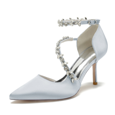 Grey Rhinestone Embellished Cross Strap D'orsay Shoes Stiletto Heels For Wedding