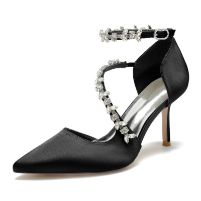 Black Rhinestone Embellished Cross Strap D'orsay Shoes Stiletto Heels For Wedding