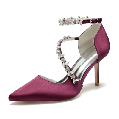 Burgundy Rhinestone Embellished Cross Strap D'orsay Shoes Stiletto Heels For Wedding