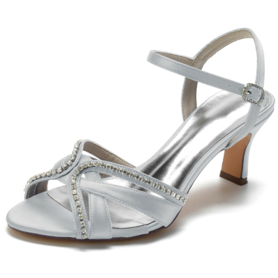 Grey Rhinestone Embellished Hollow Out Satin Sandals Block Heels Shoes
