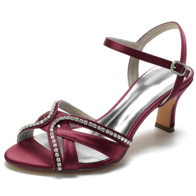 Burgundy Rhinestone Embellished Hollow Out Satin Sandals Block Heels Shoes