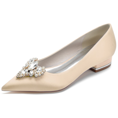 Champagne Rhinestone Embellished Satin Flats Pointed Toe Flat Shoes For Dance