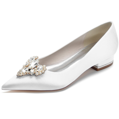 White Rhinestone Embellished Satin Flats Pointed Toe Flat Shoes For Dance