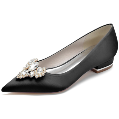 Black Rhinestone Embellished Satin Flats Pointed Toe Flat Shoes For Dance