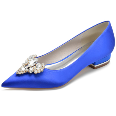 Royal Blue Rhinestone Embellished Satin Flats Pointed Toe Flat Shoes For Dance