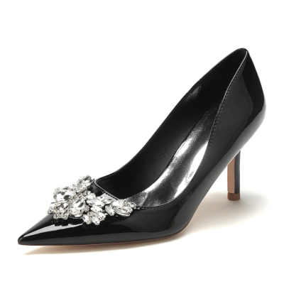 Black Rhinestone Embellished Stiletto Heel Pumps Shoes with Poined Toe