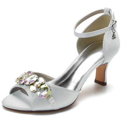 Grey Rhinestone Embellishment Sandals Satin Block Heel Peep Toe Heels