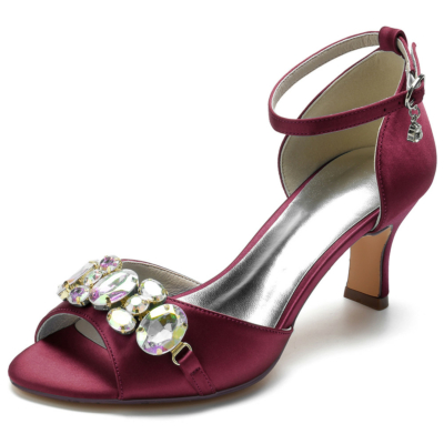 Burgundy Rhinestone Embellishment Sandals Satin Block Heel Peep Toe Heels