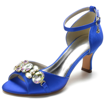 Royal Blue Rhinestone Embellishment Sandals Satin Block Heel Peep Toe Heels