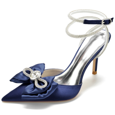 Navy Rhinestone Embellishments Ankle Strap Heels Bow Satin Slingback Shoes
