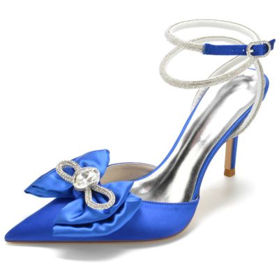 Royal Blue Rhinestone Embellishments Ankle Strap Heels Bow Satin Slingback Shoes